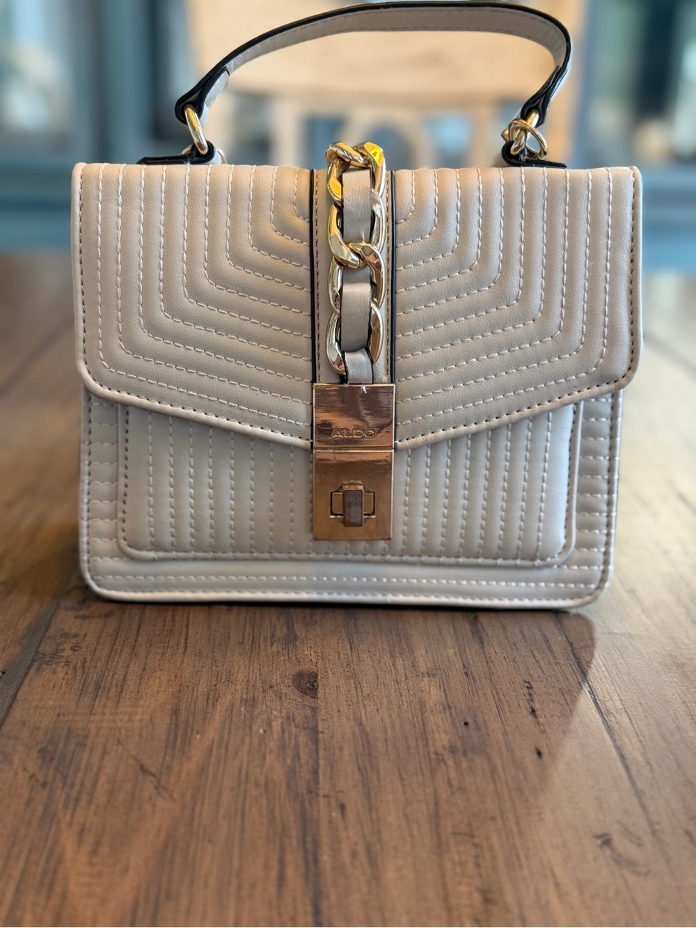ALDO Cream Quilted Top-Handle Satchel with Gold Chain Accent - Picture 2 of 15
